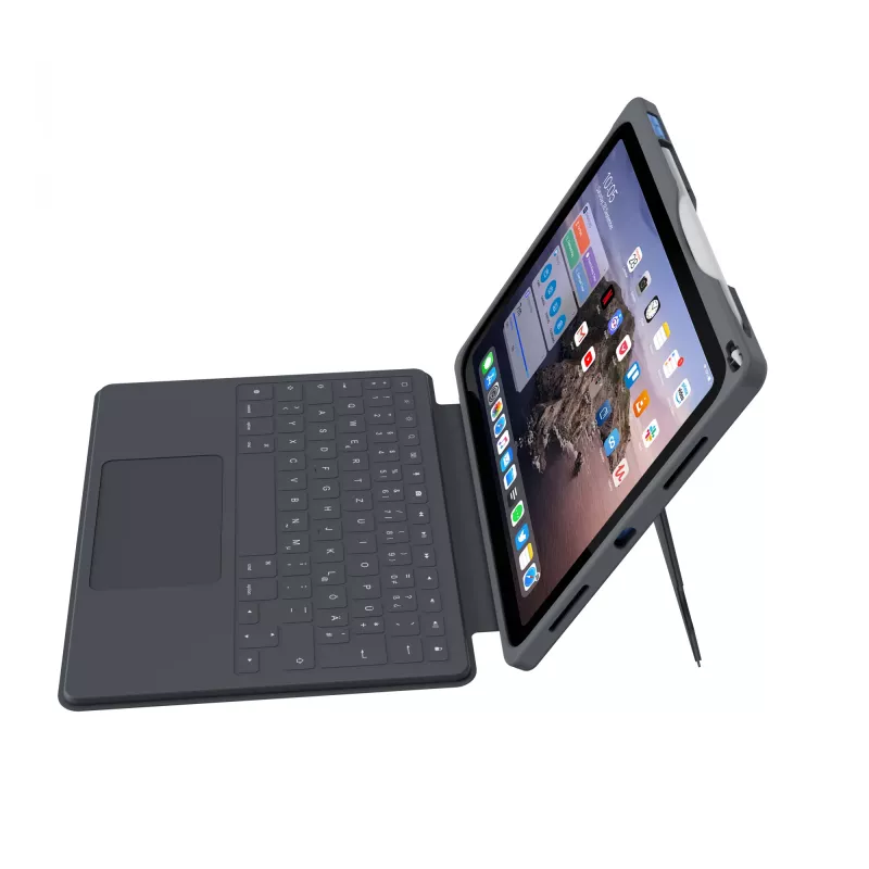 ASTAR DEQSTER Smart Rugged Touch Plus klaviatūra, skirta iPad 10,9 colio – QWERTZ vokiškas išdėstymas, mechaniniai jungikliai, Smart Connector dokas, pilka