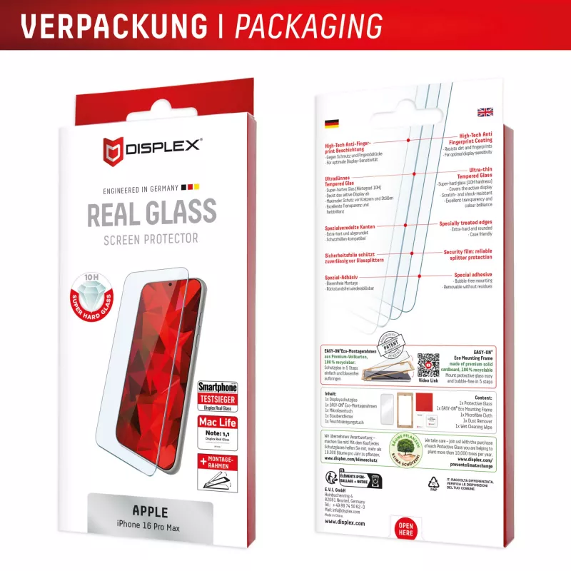 Displex Screen Protector (10H) Apple iPhone 16 Pro Max, Eco tvirtinimo rėmelis, atsparus įbrėžimams