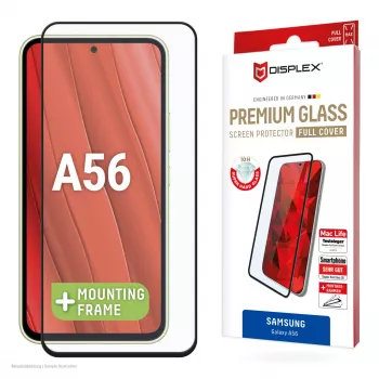 Displex Premium ekrano apsauginis stiklas (Full Cover, 10H), skirtas Samsung Galaxy A56, su EASY-ON® Eco montavimo rėmeliu