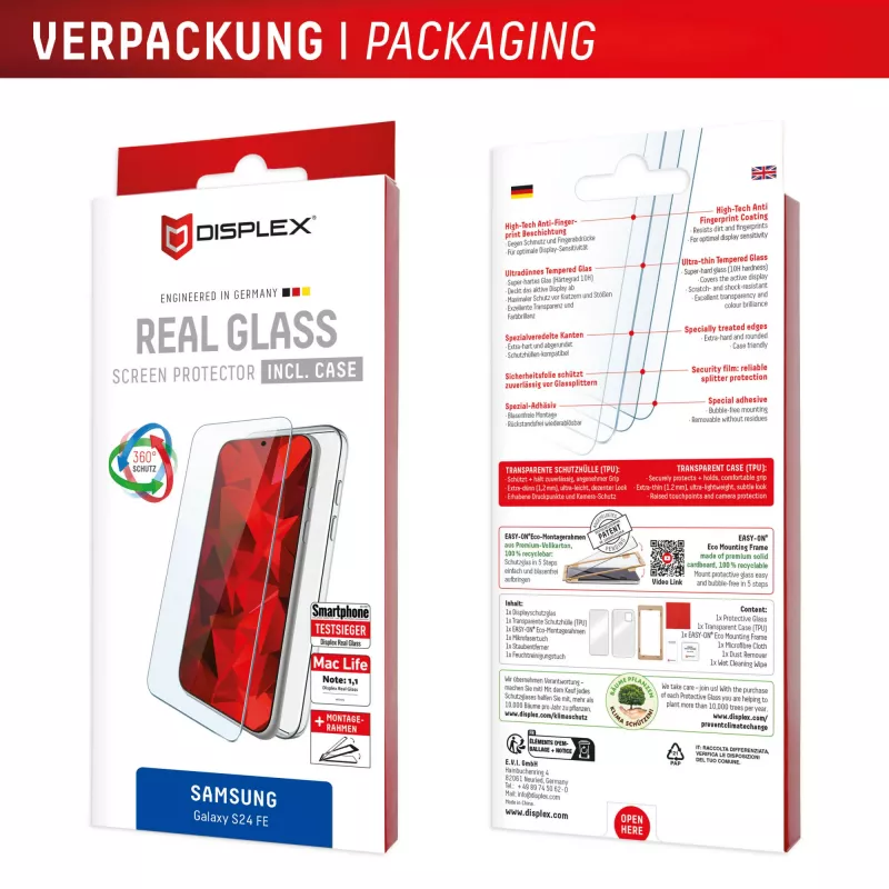 Displex Screen Protector (10H) Samsung Galaxy S24 FE su Eco montavimo rėmeliu, atsparus įbrėžimams