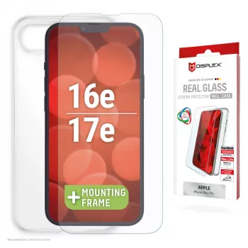 Displex apsauginis stiklas + dėklas, skirtas Apple iPhone 16e/17e, su EASY-ON® Eco montavimo rėmeliu, atsparus įbrėžimams