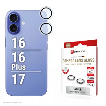 Displex Premium apsauginis stiklas kameros objektyvui, iPhone 16/16 Plus/17, 10H, viengubas žiedas, DLC, permatomas, Quick Mount