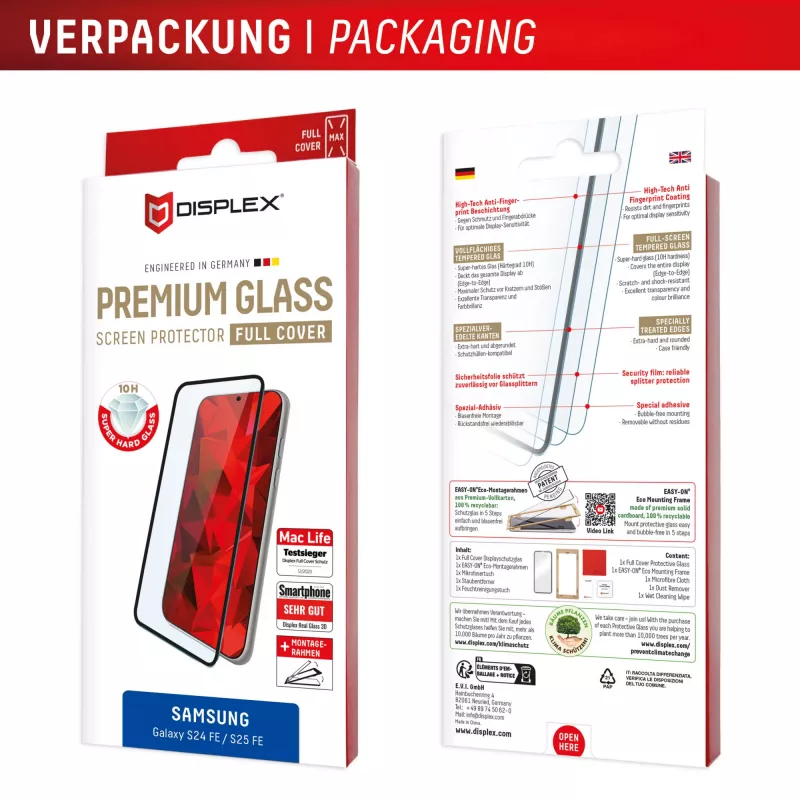 Displex Premium Screen Protector (Full Cover, 10H), skirtas Samsung Galaxy S25 FE/S24 FE, su Eco montavimo rėmeliu, viso ekrano apsauga