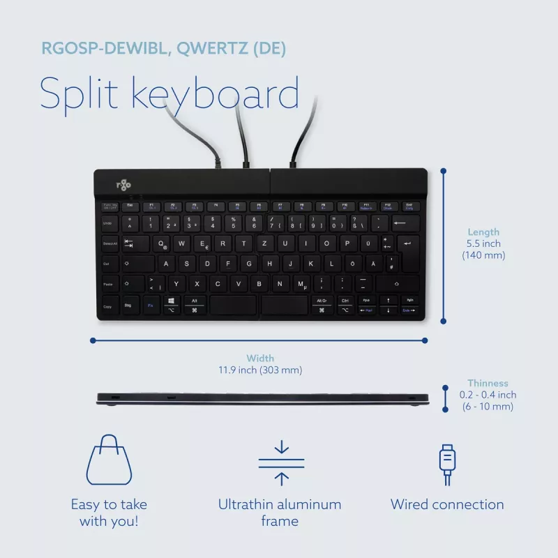 Ergonominė klaviatūra R-Go Tools Split Break v2 su pertraukų programine įranga, išskirta klaviatūra, QWERTZ (DE), laidinė, juoda