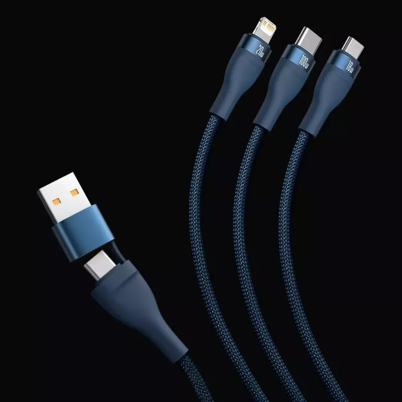 Baseus Flash Series 2 USB laidas 3 viename, USB-C + Micro USB + Lightning, 100 W, 1,2 m, mėlynas
