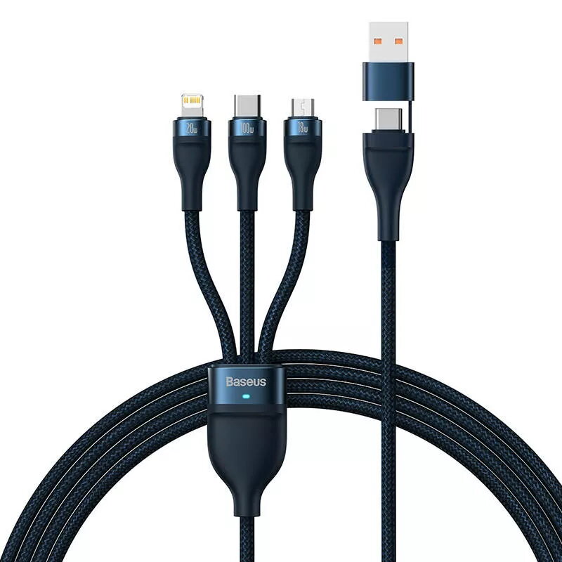 Baseus Flash Series 2 USB laidas 3 viename, USB-C + Micro USB + Lightning, 100 W, 1,2 m, mėlynas