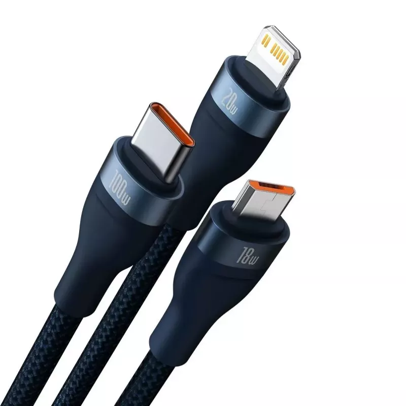 Baseus Flash Series 2 USB laidas 3 viename, USB-C + Micro USB + Lightning, 100 W, 1,2 m, mėlynas
