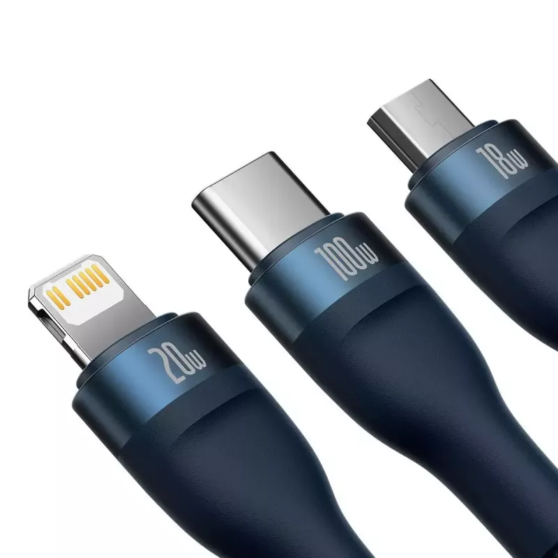 Baseus Flash Series 2 USB laidas 3 viename, USB-C + Micro USB + Lightning, 100 W, 1,2 m, mėlynas