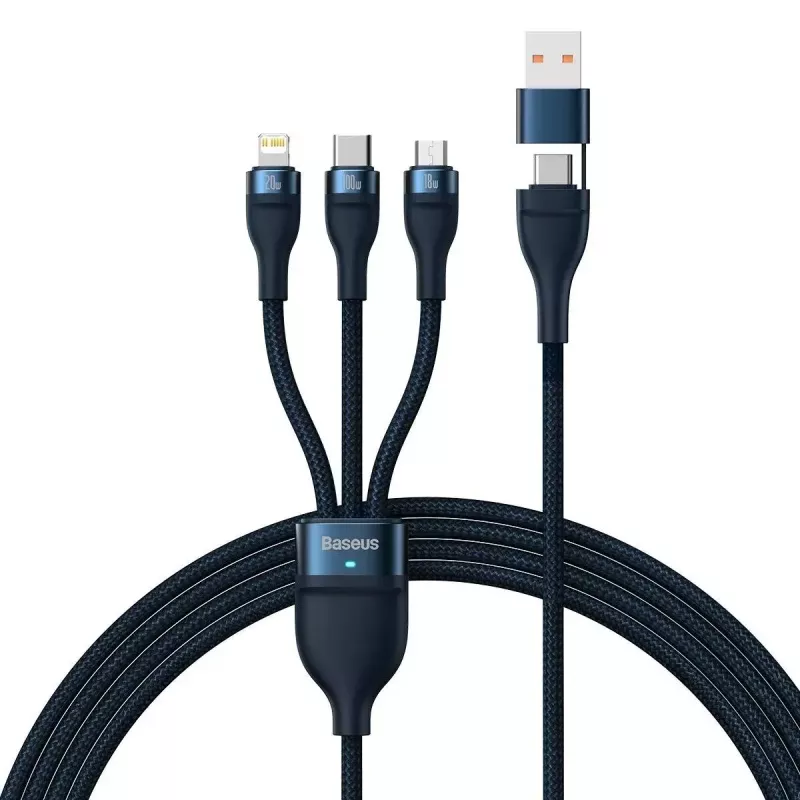 Baseus Flash Series 2 USB laidas 3 viename, USB-C + Micro USB + Lightning, 100 W, 1,2 m, mėlynas