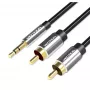 Garso kabelis Vention BCFBJ 2 x RCA – 3,5 mm mini-jack, 5 m, juodas, auksuoti kontaktai, PVC apvalkalas