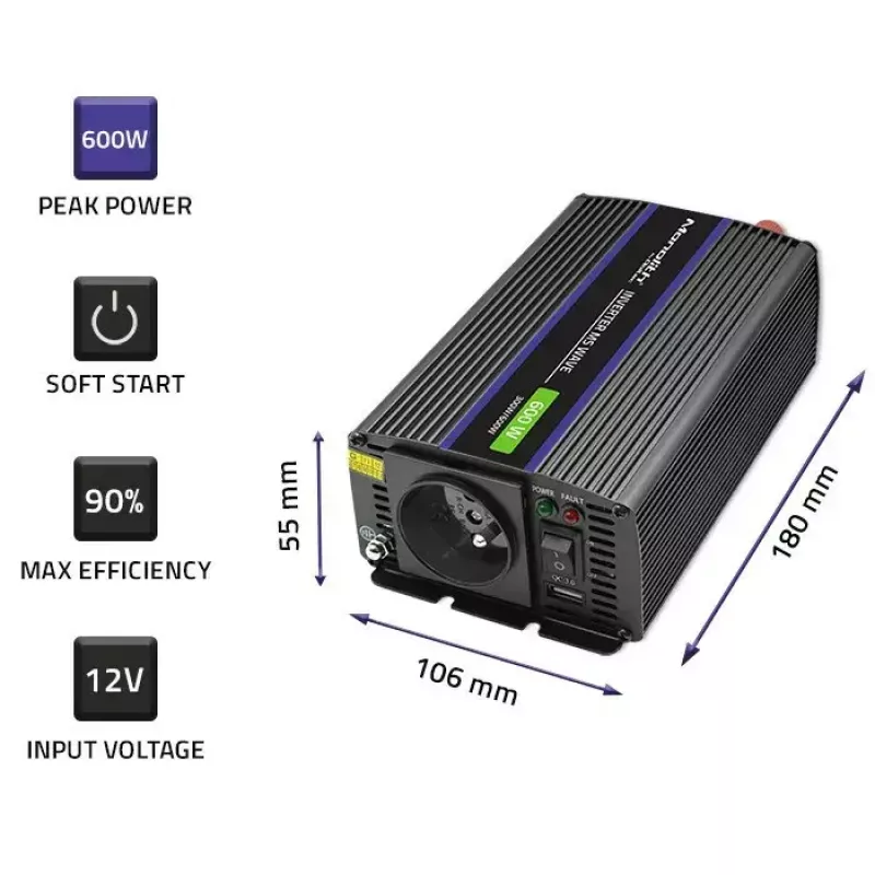 QOLTEC Monolith 600 MS Wave keitiklis 12V į 230V, 600W, grynoji/modifikuota sinusinė banga