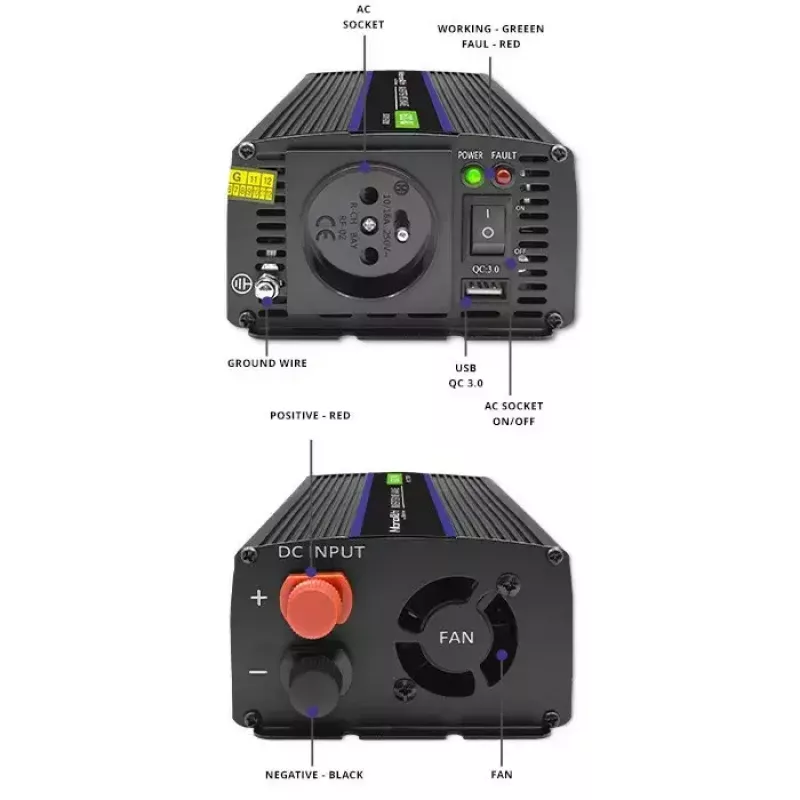 QOLTEC Monolith 600 MS Wave keitiklis 12V į 230V, 600W, grynoji/modifikuota sinusinė banga