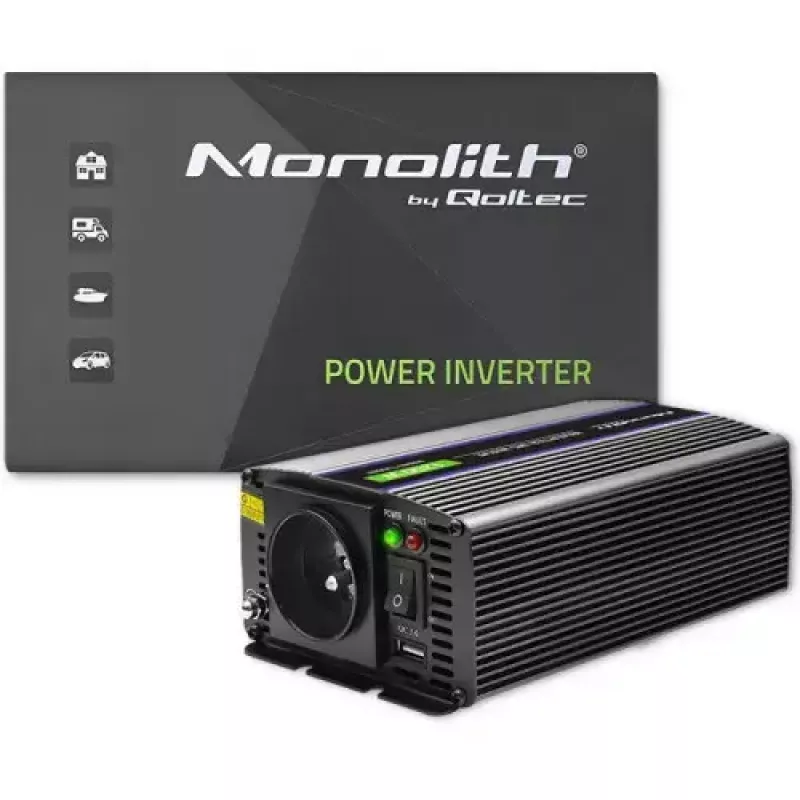 QOLTEC Monolith 600 W keitiklis – 12 V į 230 V, USB PD 18 W, automobiliui/namams, juodas