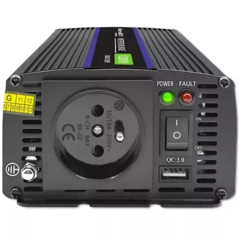 QOLTEC Monolith 600 W keitiklis – 12 V į 230 V, USB PD 18 W, automobiliui/namams, juodas