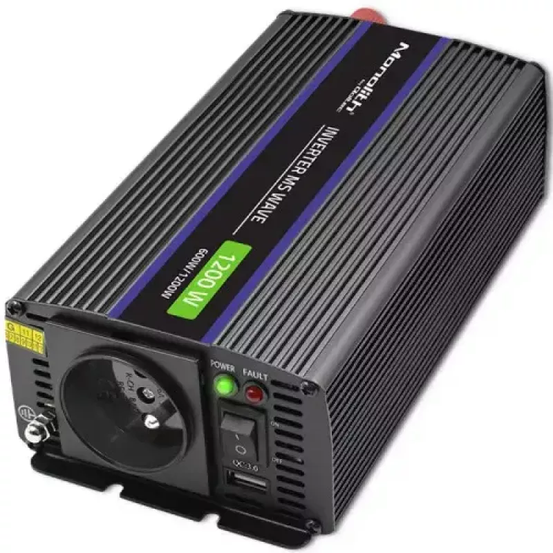 QOLTEC Monolith 600 W keitiklis – 12 V į 230 V, USB PD 18 W, automobiliui/namams, juodas