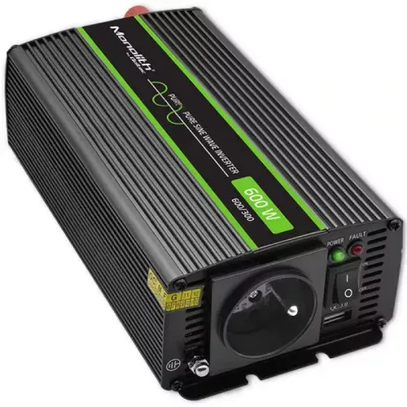 QOLTEC Monolith 600 W keitiklis – 12 V į 230 V, USB PD 18 W, automobiliui/namams, juodas