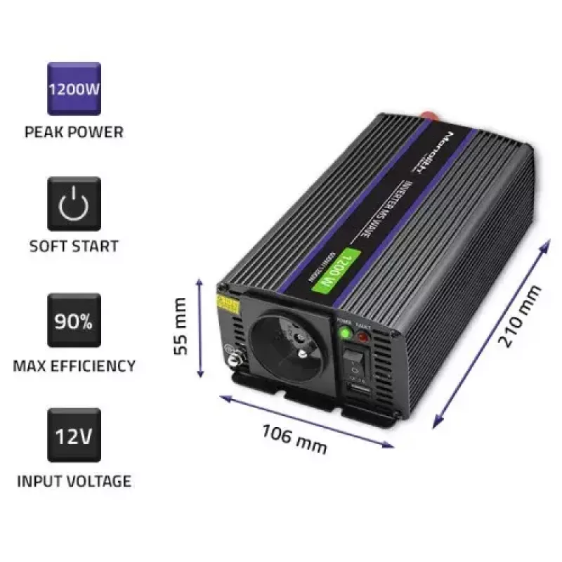 QOLTEC Monolith 600 W keitiklis – 12 V į 230 V, USB PD 18 W, automobiliui/namams, juodas