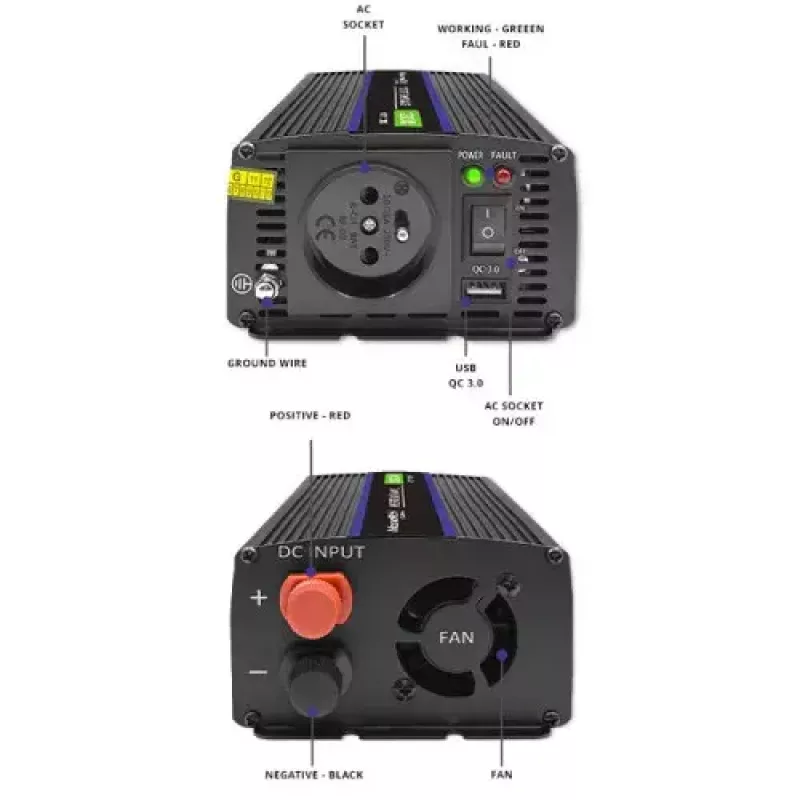 QOLTEC Monolith 600 W keitiklis – 12 V į 230 V, USB PD 18 W, automobiliui/namams, juodas