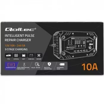 Automobilio akumuliatoriaus įkroviklis QOLTEC 52482 12/24 V 5/10 A su LCD ekranu ir F tipo kištuku