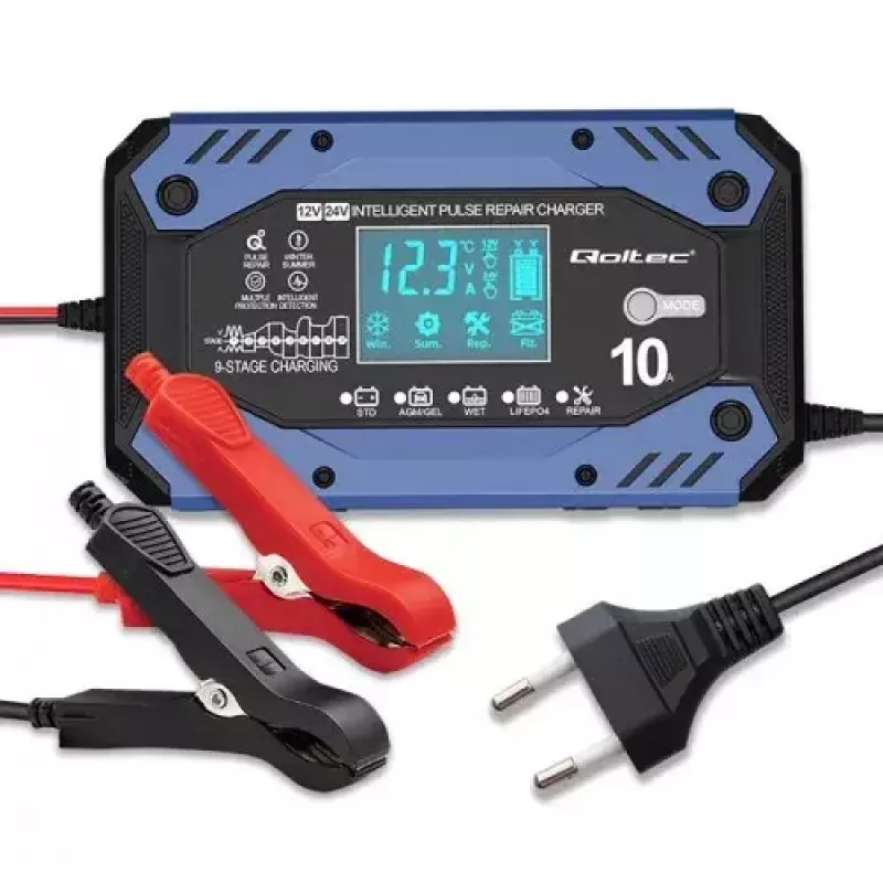 Automobilio akumuliatoriaus įkroviklis QOLTEC 52482 12/24 V 5/10 A su LCD ekranu ir F tipo kištuku