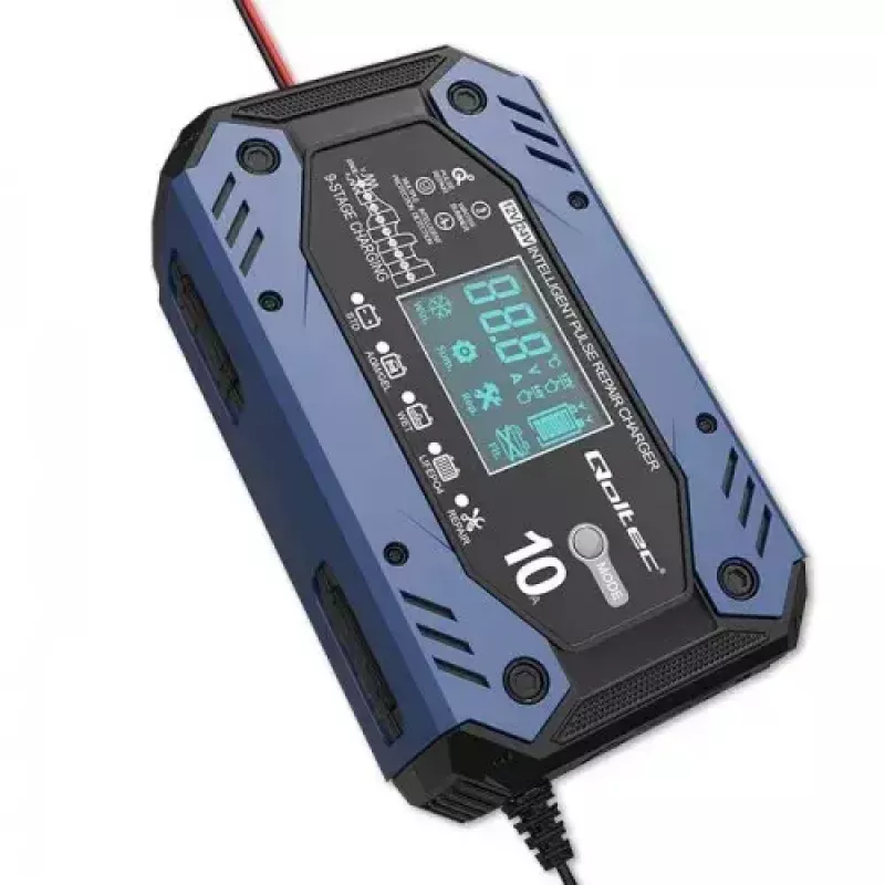 Automobilio akumuliatoriaus įkroviklis QOLTEC 52482 12/24 V 5/10 A su LCD ekranu ir F tipo kištuku
