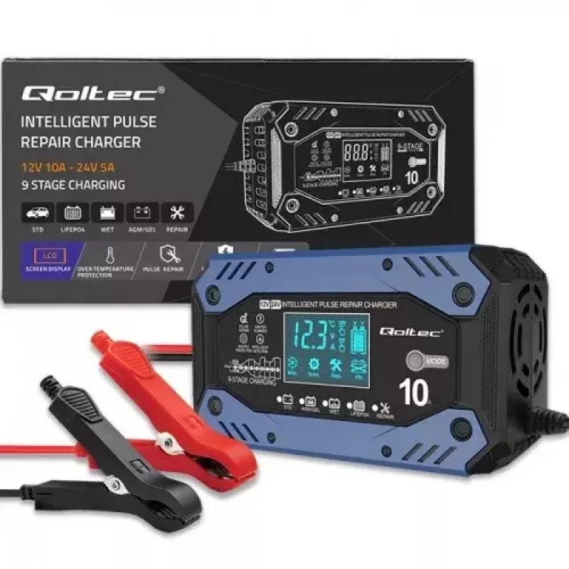 Automobilio akumuliatoriaus įkroviklis QOLTEC 52482 12/24 V 5/10 A su LCD ekranu ir F tipo kištuku