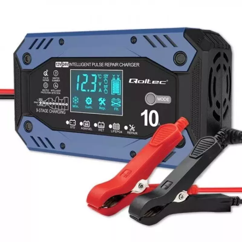 Automobilio akumuliatoriaus įkroviklis QOLTEC 52482 12/24 V 5/10 A su LCD ekranu ir F tipo kištuku