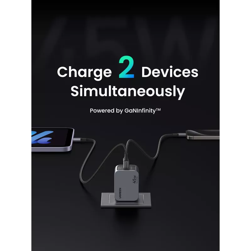 Ugreen 35008 universalus mobiliojo įrenginio kroviklis pilka spalva, greitas įkrovimas, 45 W, 2× USB-C