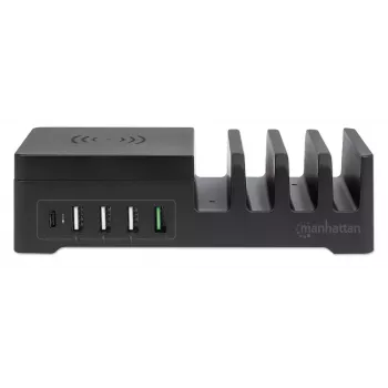 Manhattan įkrovimo stotelė su belaidžiu įkrovikliu (nuimama), 1x belaidis, 1x USB-C ir 4x USB-A prievadai, belaidžio išėjimas: 2A, USB-C išėjimas: 3A, USB-A išėjimai: 1x 3A ir 3x 2.4A maks., kabelis 1m, juoda