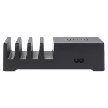 Manhattan įkrovimo stotelė su belaidžiu įkrovikliu (nuimama), 1x belaidis, 1x USB-C ir 4x USB-A prievadai, belaidžio išėjimas: 2A, USB-C išėjimas: 3A, USB-A išėjimai: 1x 3A ir 3x 2.4A maks., kabelis 1m, juoda