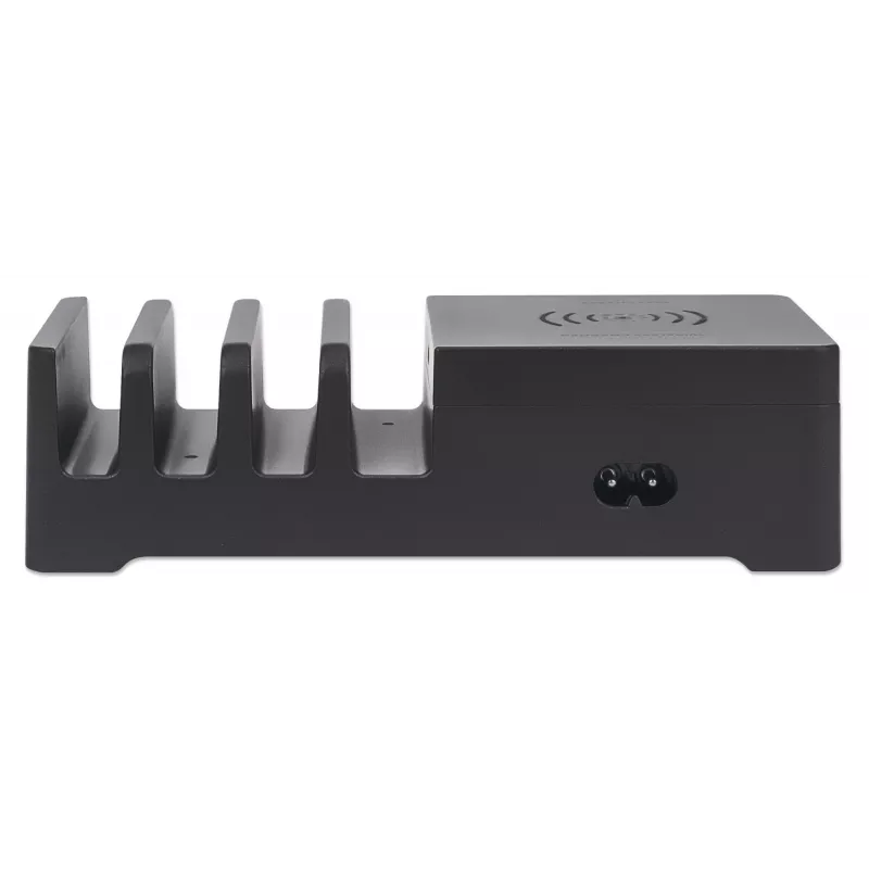 Manhattan įkrovimo stotelė su belaidžiu įkrovikliu (nuimama), 1x belaidis, 1x USB-C ir 4x USB-A prievadai, belaidžio išėjimas: 2A, USB-C išėjimas: 3A, USB-A išėjimai: 1x 3A ir 3x 2.4A maks., kabelis 1m, juoda