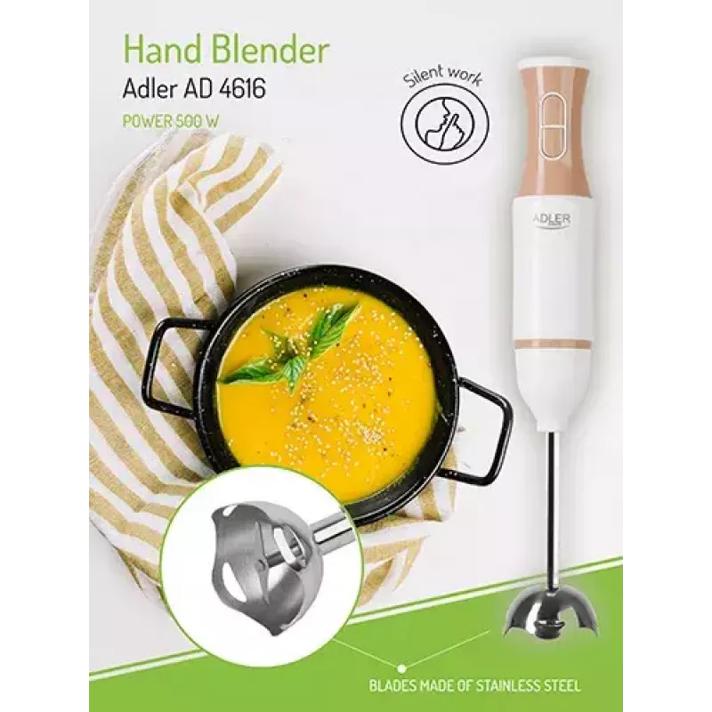 Panardintuvas Adler AD 4616 – rankinis blenderis, 500 W, 2 greičiai, nerūdijančio plieno peiliai, baltas