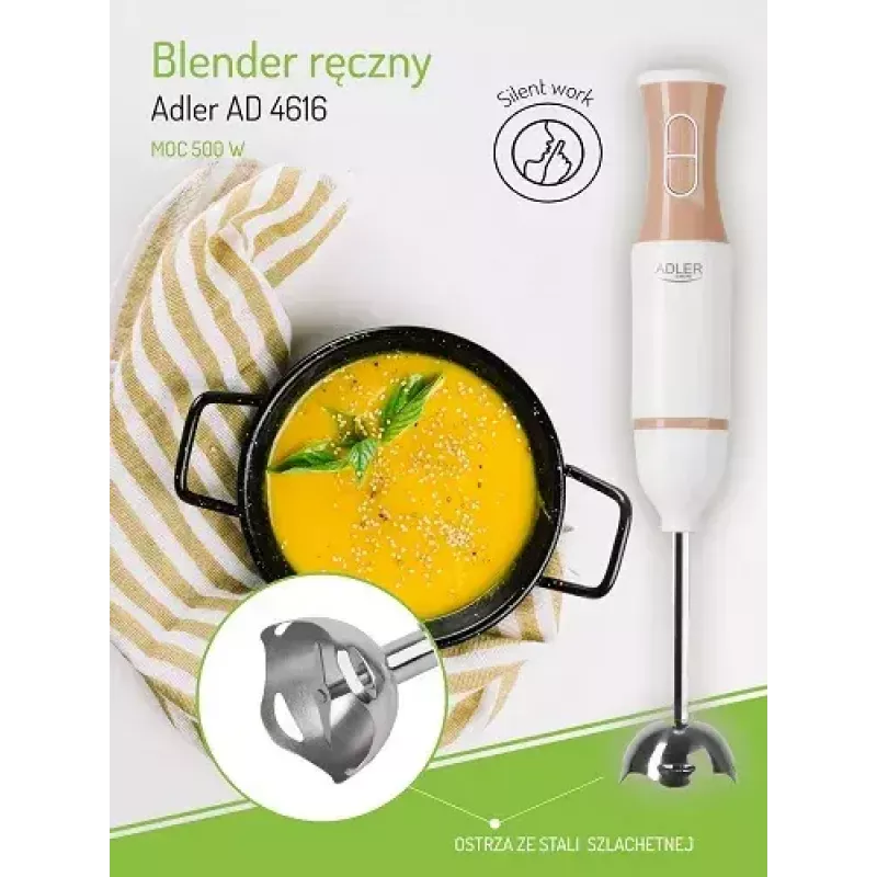 Panardintuvas Adler AD 4616 – rankinis blenderis, 500 W, 2 greičiai, nerūdijančio plieno peiliai, baltas