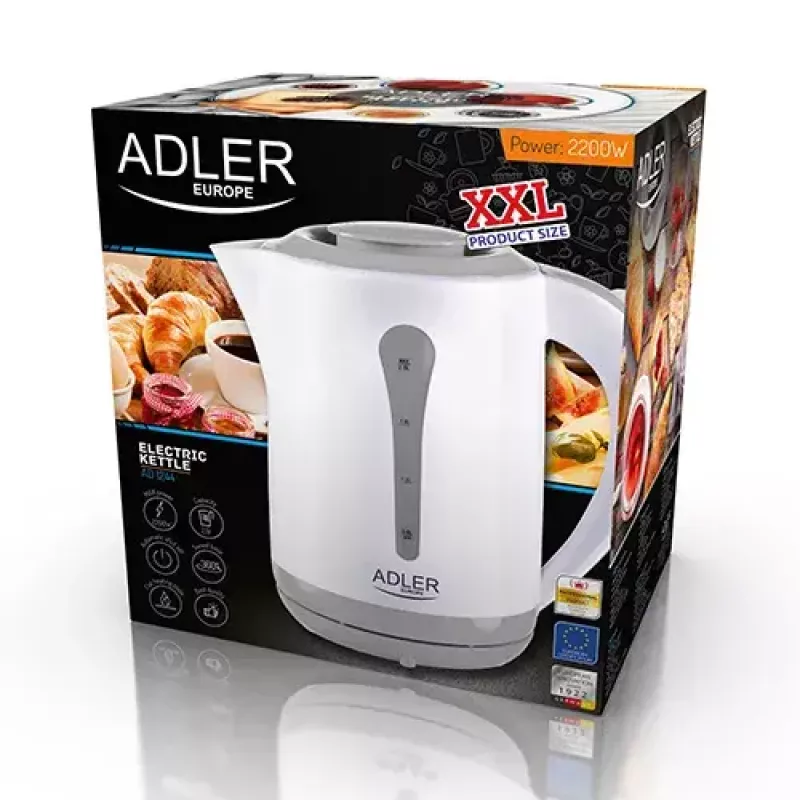 Virdulys Adler AD 1244 — 2,5 L, 2200 W, baltas, paslėptas kaitinimo elementas