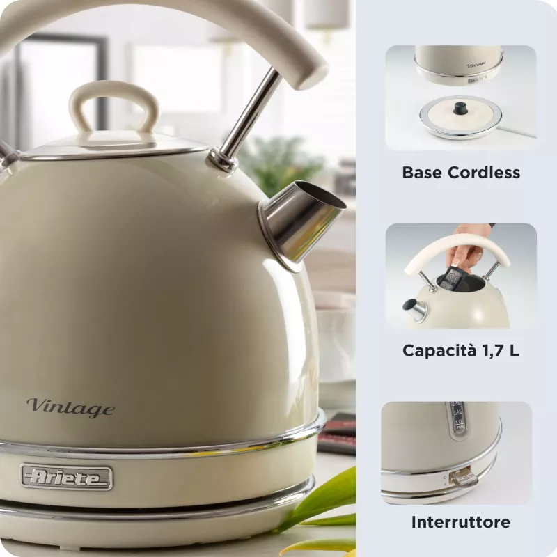Ariete 2877 Virdulys Vintage, 1,7L, Belaidis, Smėlio spalvos, 1.7 L, 2000 W, Smėlio spalvos, Vandens lygio indikatorius, Belaidis, Filtras