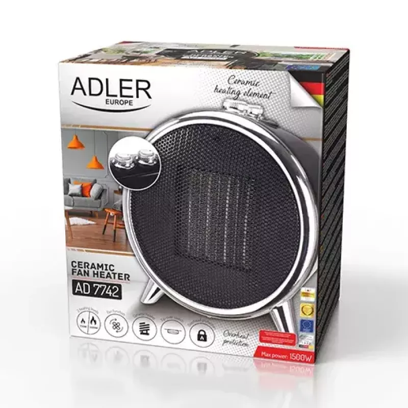 Keraminis elektrinis šildytuvas Adler AD 7742 — 1500/750 W, ant grindų, 220–240 V, juodas/sidabrinis