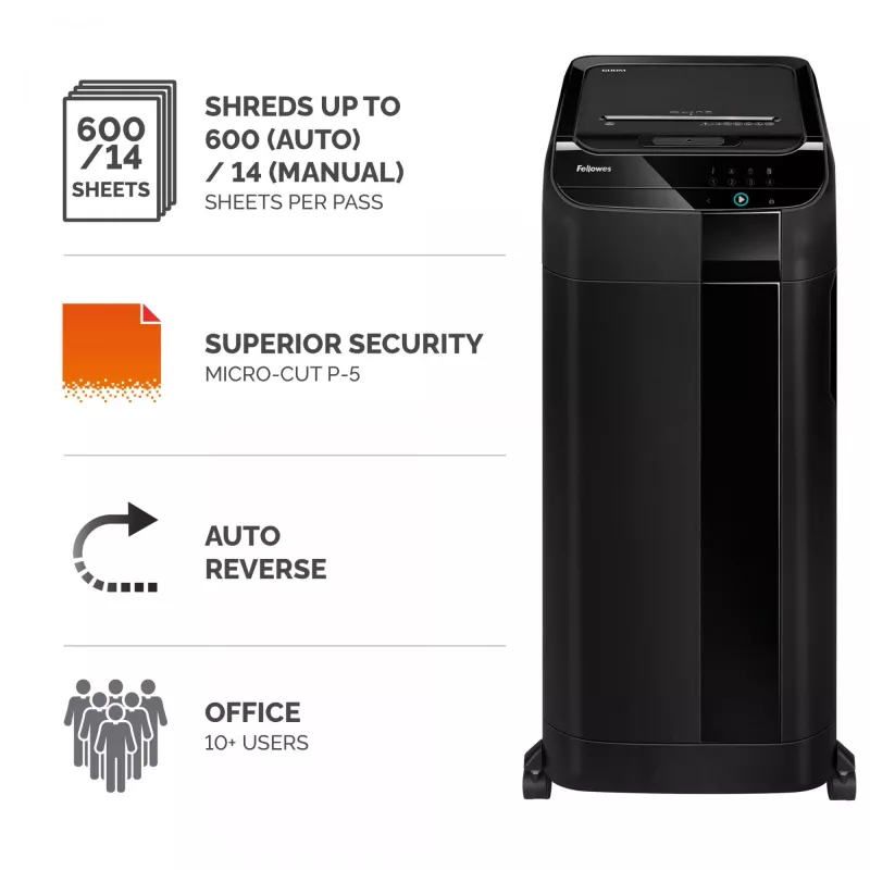 Popieriaus smulkintuvas Fellowes AutoMax 600M, mikro pjūvis, 60 dB, 23 cm, juodas
