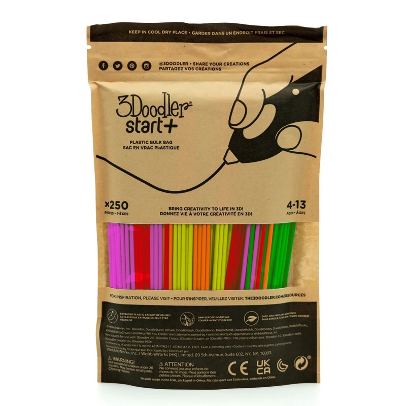 3Doodler Start+ 3D spausdinimo siūlų rinkinys 250 vnt., 2,5 mm skersmens, kompostuojamos fluorescencinės spalvos (neon raudona, oranžinė, žalia, geltona, rožinė)