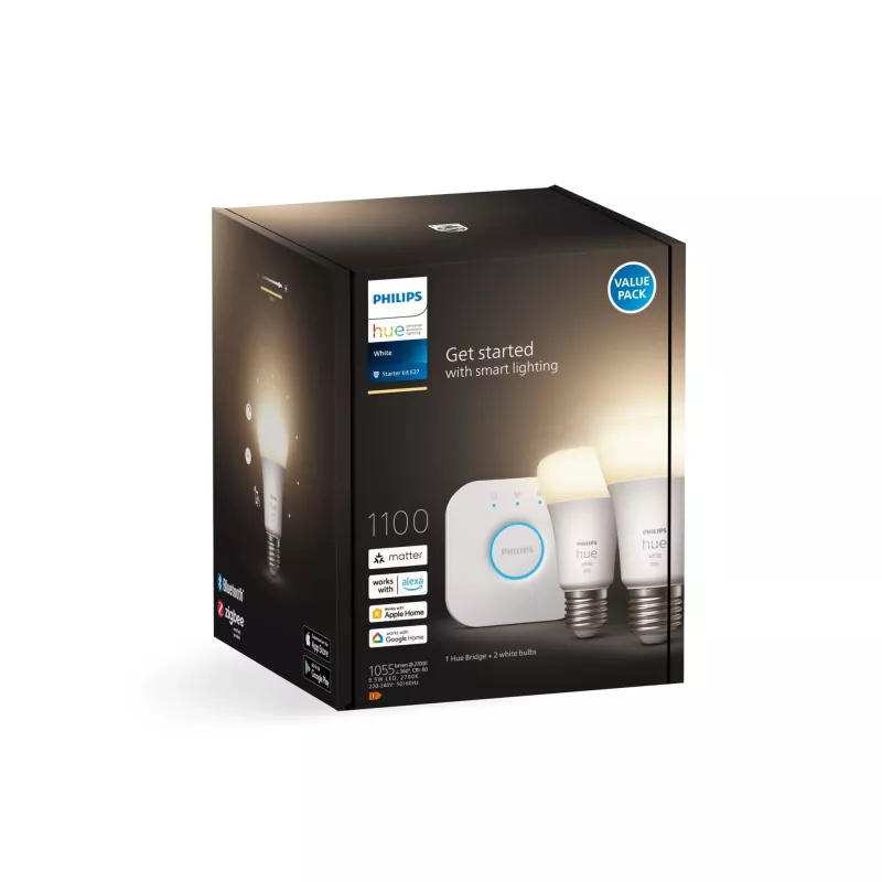 Philips Hue White pradinis rinkinys: 2 protingos E27 lemputės (1100 liumenų)