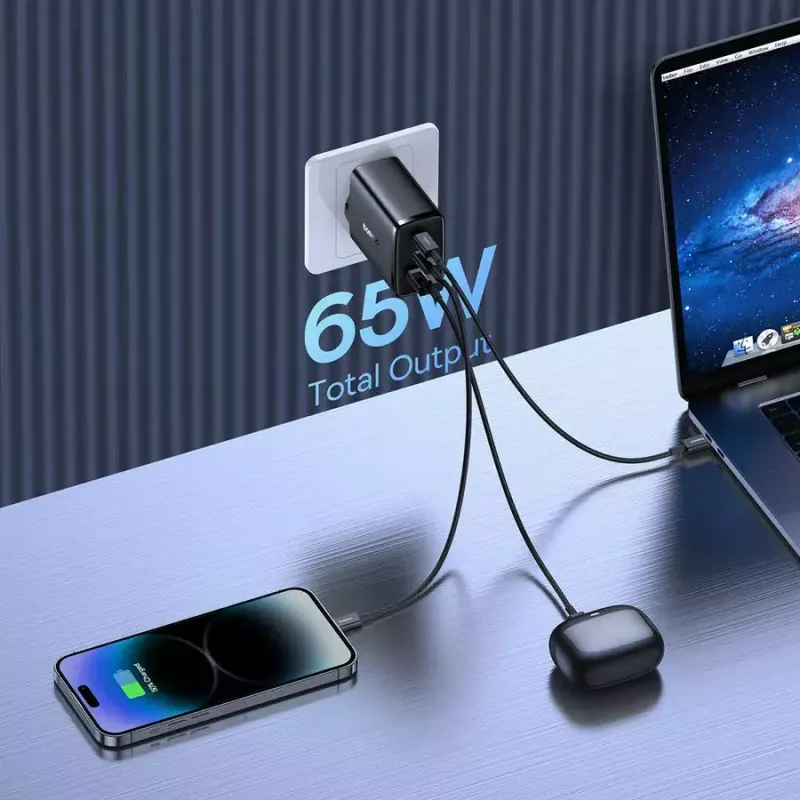 Greitasis įkroviklis Baseus Cube Pro 65W — 3 prievadai (2×USB-C, 1×USB-A), 110–240V, AC, universalus, juodas, 0,154 kg