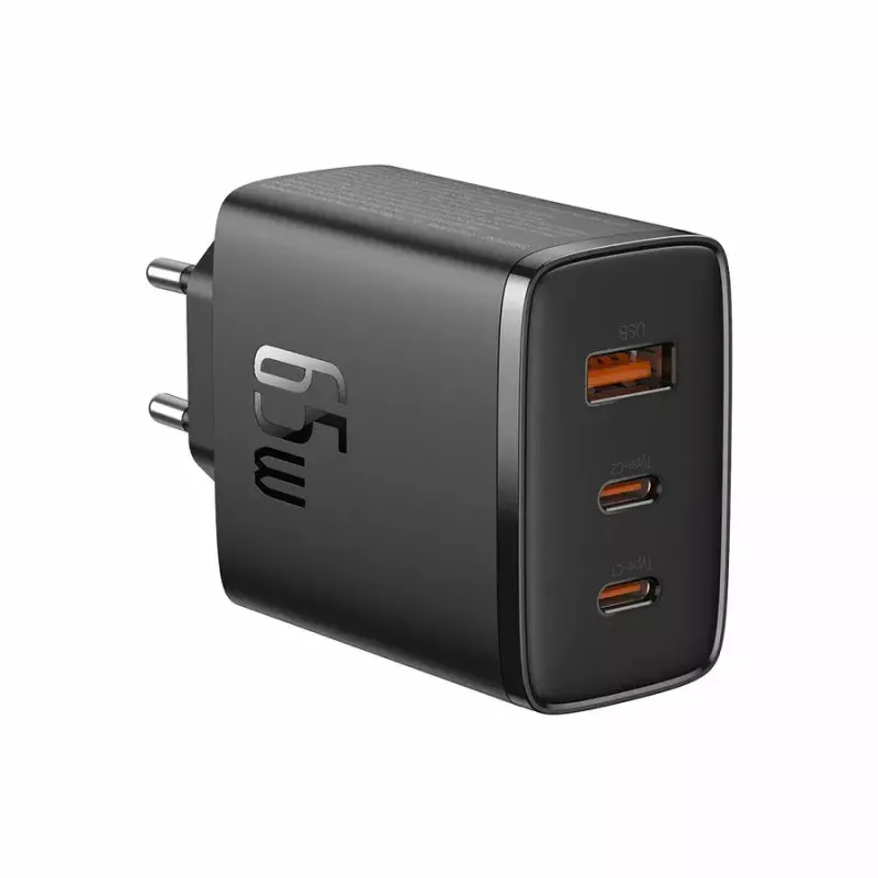 Greitasis įkroviklis Baseus Cube Pro 65W — 3 prievadai (2×USB-C, 1×USB-A), 110–240V, AC, universalus, juodas, 0,154 kg