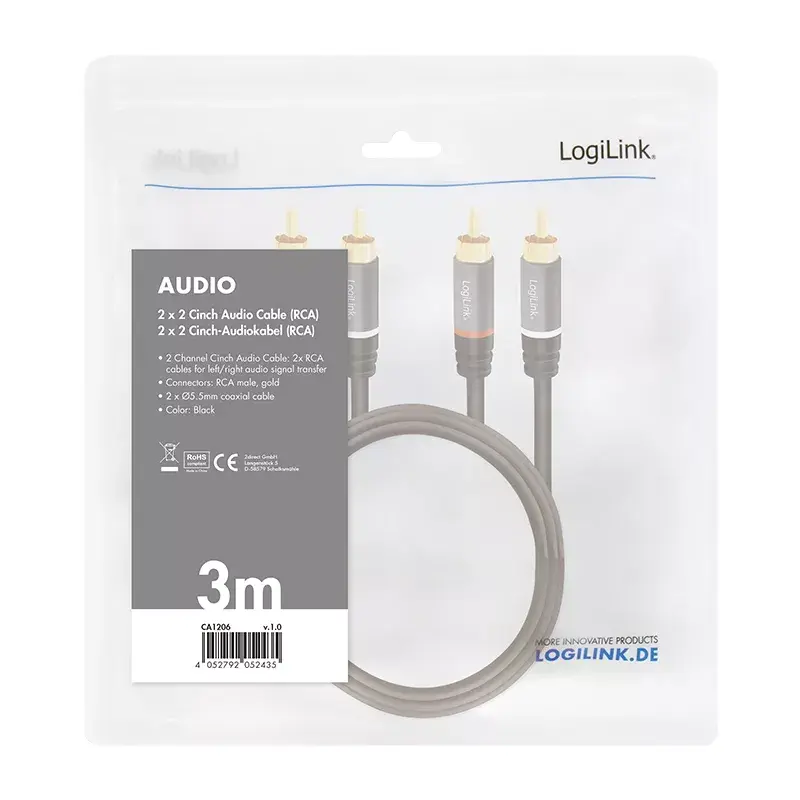 Audio kabelis LogiLink CA1206 3 m 2xRCA juodas