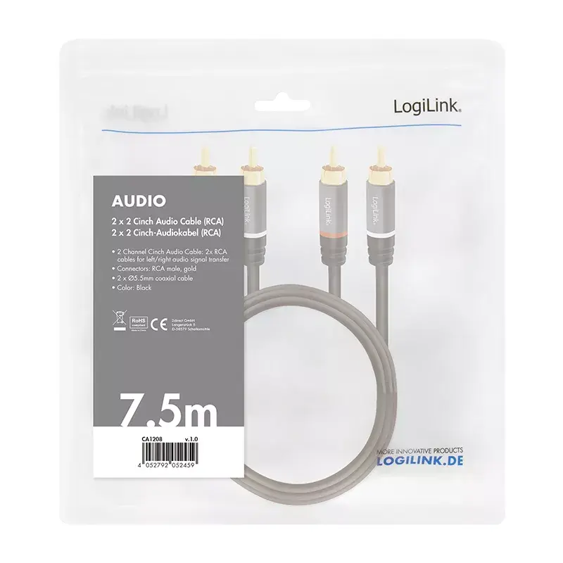 Garso laidas LogiLink CA1208 7,5 m 2 x RCA juodas