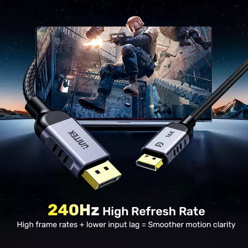 DisplayPort laidas Unitek C1626GY01-2M, DisplayPort 2.1 vyriškas–vyriškas, 2 m, 80 Gbit/s, 16K@60Hz, 4K@240Hz, HDR, HDCP 2.2