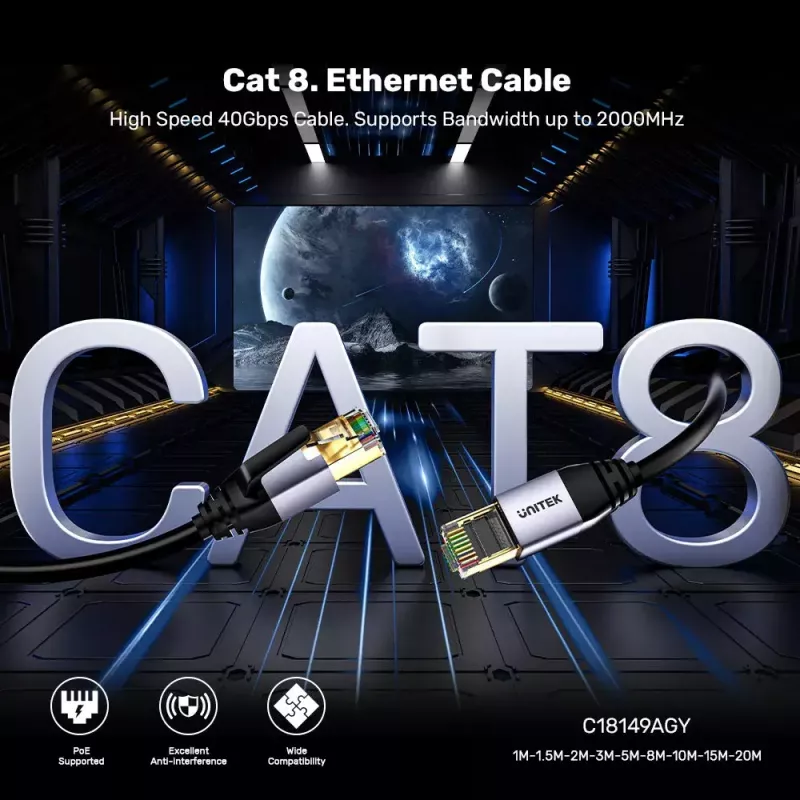 Tinklo kabelis UNITEK C18149AGY03-2M Cat8 RJ-45 2m Juodas