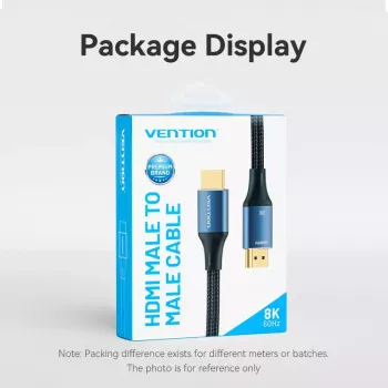 HDMI kabelis Vention 2.1 8K 2 m, pintas medvilninis apvalkalas, 48 Gbit/s, 120 Hz, HDMI Type A kištukas–kištukas, mėlynas