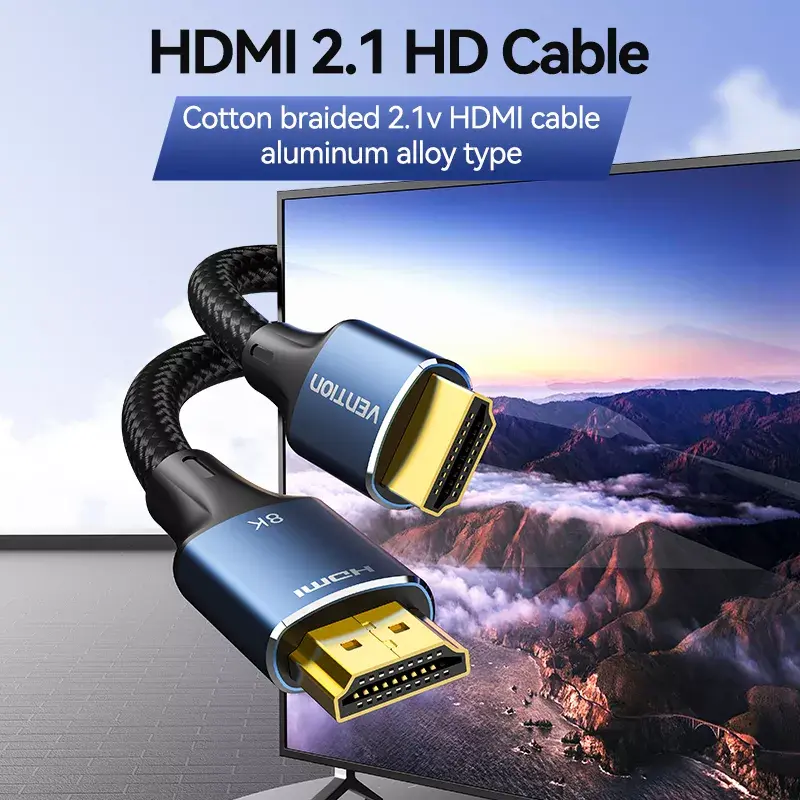 HDMI kabelis Vention 2.1 8K 2 m, pintas medvilninis apvalkalas, 48 Gbit/s, 120 Hz, HDMI Type A kištukas–kištukas, mėlynas