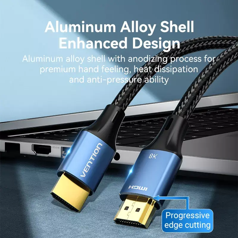 HDMI kabelis Vention 2.1 8K 2 m, pintas medvilninis apvalkalas, 48 Gbit/s, 120 Hz, HDMI Type A kištukas–kištukas, mėlynas