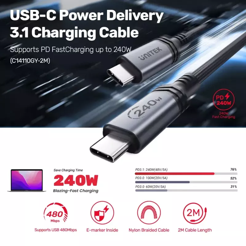 Unitek C14110GY-2M USB-C į USB-C kroviklio laidas, PD 240 W (48 V/5 A), 2 m, juodai pilkas