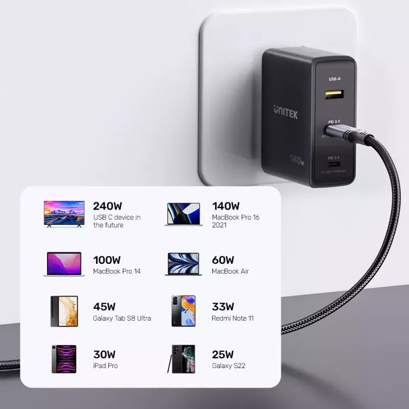 Unitek C14110GY-2M USB-C į USB-C kroviklio laidas, PD 240 W (48 V/5 A), 2 m, juodai pilkas